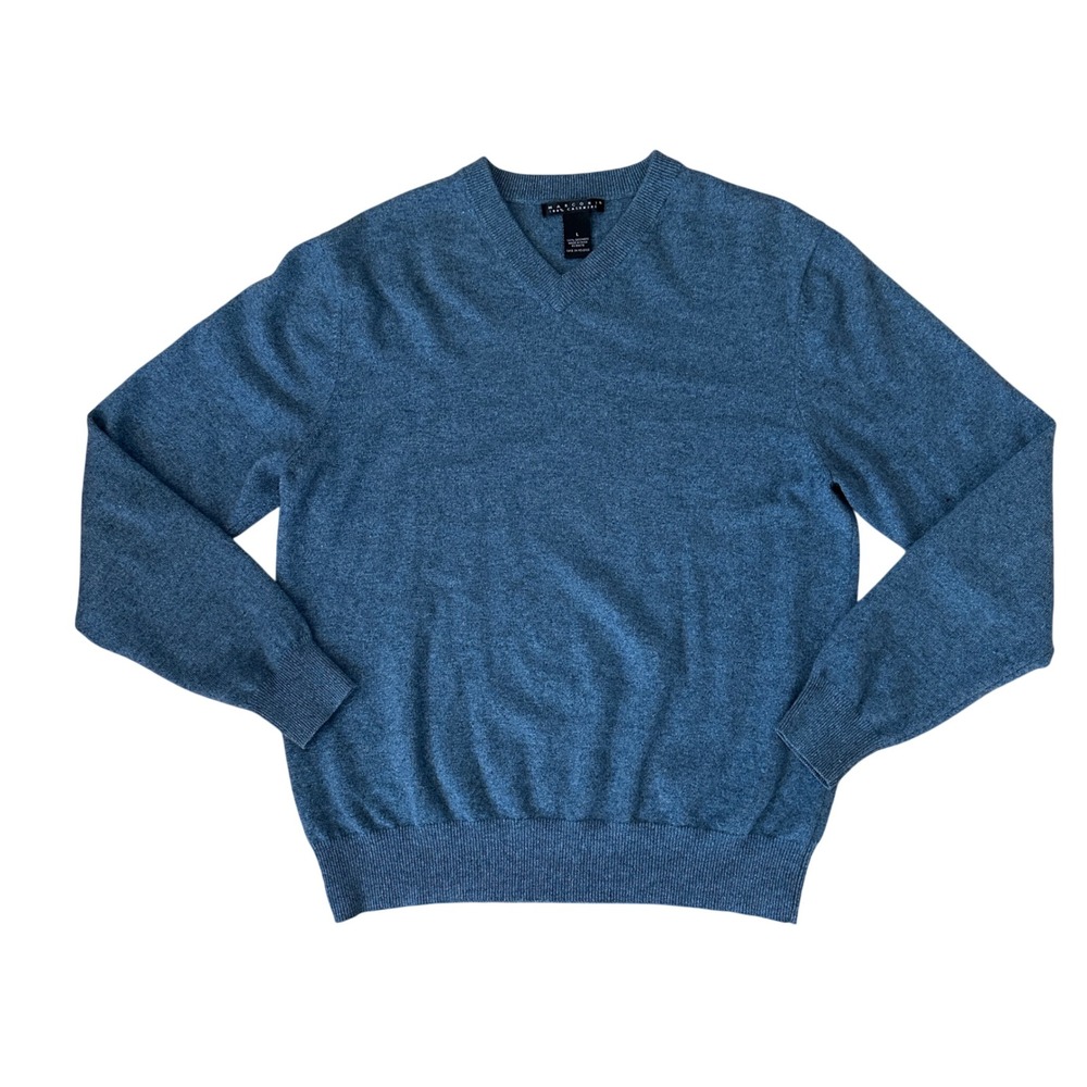 Marconi 100% Cashmere‎ V Neck Sweater Pullover Blue Mens Large Preppy Layering